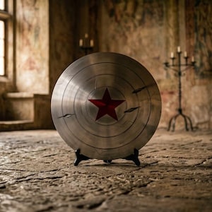 Puede incluir: Un escudo met&aacute;lico circular con un acabado en plata cepillada y ranuras circulares conc&eacute;ntricas. Una prominente estrella roja de cinco puntas est&aacute; centrada en el escudo, que tambi&eacute;n muestra varias marcas de impacto oscuras, irregulares y marcadas.