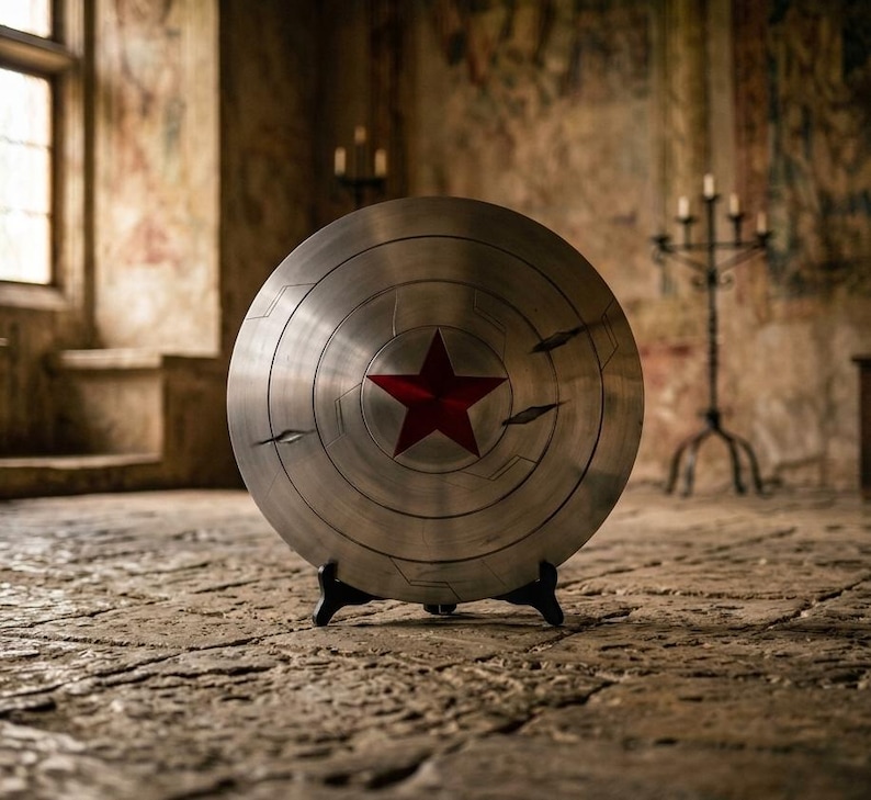Puede incluir: Un escudo met&aacute;lico circular con un acabado en plata cepillada y ranuras circulares conc&eacute;ntricas. Una prominente estrella roja de cinco puntas est&aacute; centrada en el escudo, que tambi&eacute;n muestra varias marcas de impacto oscuras, irregulares y marcadas.