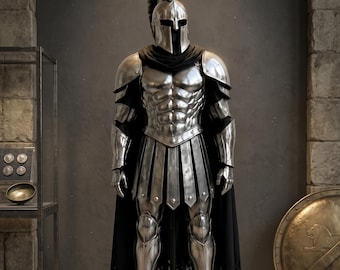 Mittelalterliche spartanische Rüstung | Metallener Muskelpanzer, Helm & Stulpen | LARP-Ausrüstung für Fantasy-Krieger | Replik einer schweren Rüstung