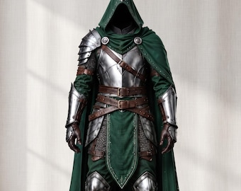Mittelalterliches Fantasy-Ranger-Rüstungsset, grüne Kapuze und Stahlplattenkürass, LARP-Cosplay-Kostüm, Fantasy-Krieger-Outfit, Halloween-Kostüm