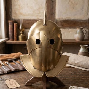 Könnte beinhalten: Ein polierter Gladiatorenhelm aus Messing mit einem zentralen Kamm, einem vertikalen Gesichtsschutz und zwei runden Augenöffnungen. Der Helm ist auf einem Holzständer montiert und enthält ein kleines Papieretikett mit der Aufschrift Etsy Ancient Armory Guild.