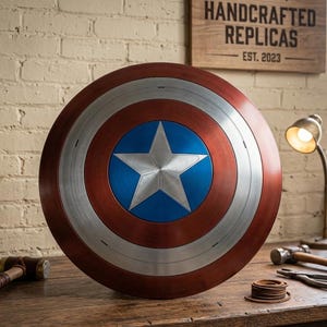 May include: A circular shield featuring a central silver star on a blue background, surrounded by alternating concentric rings of silver and deep red. The shield has a metallic finish and is positioned upright on a wooden surface with tools nearby.