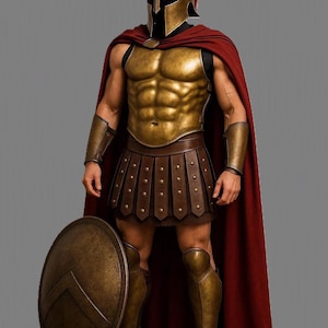 May include: A Spartan warrior costume featuring a gold-toned breastplate with defined abdominal muscles, a matching Corinthian-style helmet with a red crest, a deep red cape, a brown leather-style kilt with studs, arm guards, greaves, and a shield.