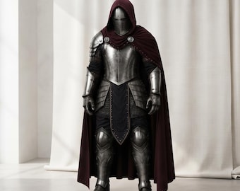 Handgefertigtes mittelalterliches Ritterrüstung-Kostümset, Ganzkörper-Stahlrüstung mit Kapuzenumhang, Fantasy-Krieger-Cosplay- und LARP-Ausrüstung