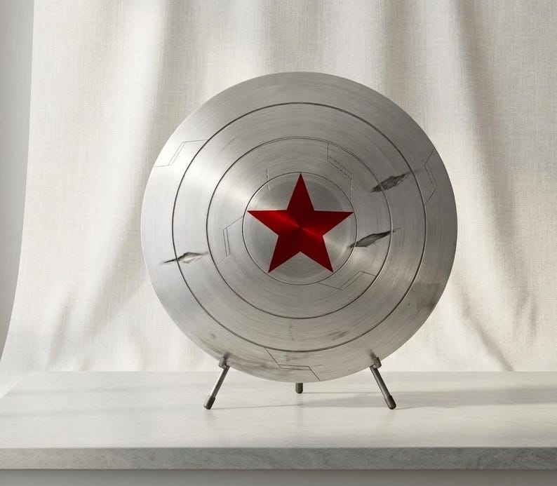 Puede incluir: Un escudo circular plateado con una estrella roja prominente en el centro. La superficie met&aacute;lica muestra ranuras circulares conc&eacute;ntricas y varias marcas de impacto o hendiduras oscuras y dentadas sobre la cara del escudo.