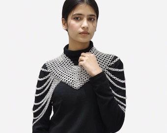 Medieval Chainmail Shoulder Armor, Cosplay Epaulets Collar, Fantasy Elven Body Chain Jewelry, Knight Armour Cape, Renaissance Fair Costume