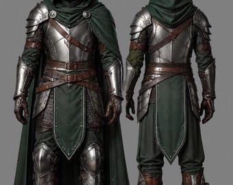 Puede incluir: Una armadura que presenta una capa con capucha de color verde oscuro, placas de metal plateado en hombros y brazos, una pieza pectoral con correas de cuero marrón, detalles de cota de malla y grebas plateadas sobre pantalones verde oscuro y botas marrones.