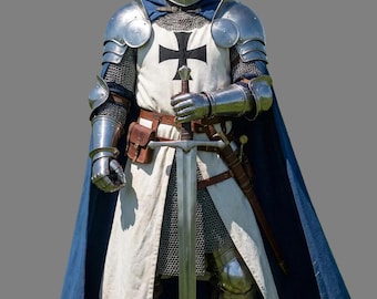 Komplette Kreuzritterrüstung, mittelalterliches Germanenritterkostüm, Templerhelm und Schulterstücke, SCA LARP Cosplay Ganzkörper-Stahlrüstung