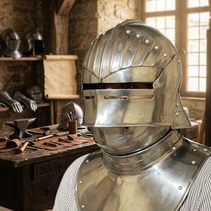 May include: A polished steel medieval-style helmet with a visor featuring two horizontal eye slits and a neck guard, worn over a matching metal gorget that covers the upper chest area, constructed with visible rivets and a smooth, reflective surface.