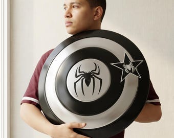 Individuell gestalteter Spider-Man & Captain America Mashup-Schild | Superhelden-Requisite in Schwarz und Silber | Symbionten-Cosplay-Accessoire | Ausrüstung für Comic-Conventions