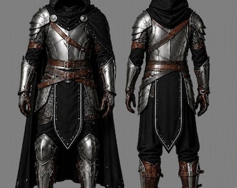 Pode incluir: Uma armadura completa com capa preta com capuz, peitoral de metal prateado polido, ombreiras e braçadeiras. O conjunto inclui tiras de couro castanho, uma túnica preta, grevas de metal e botas de couro castanho, apresentadas em vistas frontal e traseira.