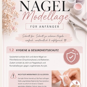 May include: An educational e-book page titled Nagel Modellage für Anfänger, featuring text about hygiene and health protection for nail care. The page includes illustrations of nail tools, a shield icon, and a warning box about skin contact.