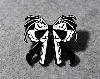 Bat Bow Enamel Pin Halloween Gothic Brooch black white bat wings ribbon hard enamel lapel pin goth gift Halloween metal brooch spooky lovers