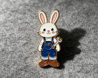 Rabbit Enamel Pin Cute Bunny Hard Enamel Brooch Mechanic Bunny in Overalls Holding Wrench Lapel Pin Cartoon Animal Gift for Collectors