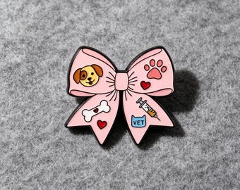 Veterinary Enamel Pin, Cute Pink Bow Vet Tech Badge with Dog Paw Syringe Design, Animal Lover Brooch for Women, Unique Pet Care Keepsake