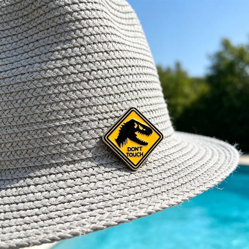 May include: A light gray woven straw fedora hat featuring a diamond-shaped enamel pin. The pin is yellow with a black border and displays a black silhouette of a dinosaur head above the text DON'T TOUCH in bold black capital letters.