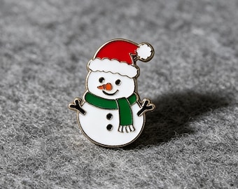 Snowman Enamel Pin, Christmas Brooch with Santa Hat and Green Scarf, Cute Winter Lapel Pin