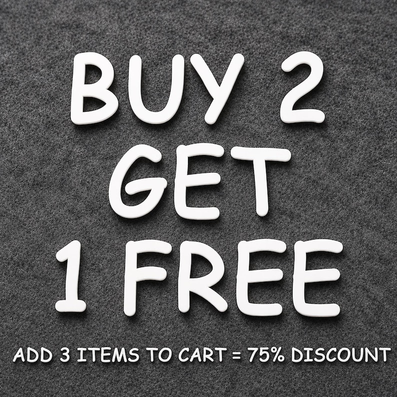 May include: White, rounded, three-dimensional letters spelling out "BUY 2 GET 1 FREE" arranged in three lines, followed by the text "ADD 3 ITEMS TO CART = 75% DISCOUNT" in a smaller, white, sans-serif font against a dark gray, textured background.