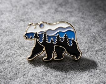 Bear EnamelPin Mountain Forest Landscape Hard Enamel Brooch Wildlife Animal Badge Outdoor Hiking Backpack Jacket Accessory Nature Lover Gift
