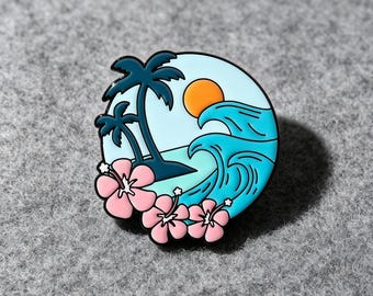 Tropical Enamel Pin, Ocean Wave Beach Badge With Palm Tree And Hawaiian Flower Design, Summer Hard Enamel Lapel Pin Gift For Travel Lovers