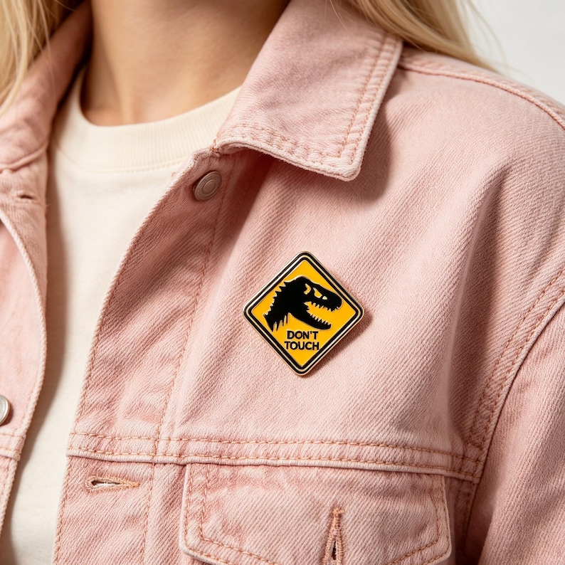 May include: A diamond-shaped enamel pin featuring a yellow background with a black silhouette of a dinosaur head and the text DON'T TOUCH in black lettering, attached to a light pink denim jacket worn over a cream-colored shirt.