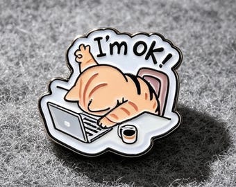 Cute Cat EnamelPin Kawaii Sleeping Kitty Laptop Pin Hard Enamel Brooch With CoffeeOffice Theme Funny Work Desk Accessory Gift For Cat Lovers