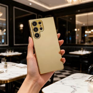 May include: A rectangular smartphone case with a reflective, polished gold-tone finish. The case features a dedicated cutout section for a multi-lens camera array, including four circular lenses and a flash, all framed in matching gold-tone metal.