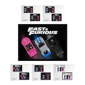 Könnte beinhalten: Eine Sammlung von Fast & Furious-Baustein-Auto-Sets mit drei Fahrzeugen in Pink, Blau und Schwarz. Die Darstellung umfasst verschiedene Designoptionen von A bis E, die die Autos in unterschiedlichen Anordnungen und Beleuchtungen präsentieren.