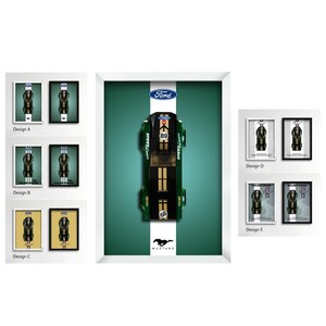 May include: A collection of framed wall art prints featuring a top-down view of a dark green Ford Mustang race car. The central image displays the car with the number 89, Ford branding, and Mustang text. Additional smaller variations show designs A through E.