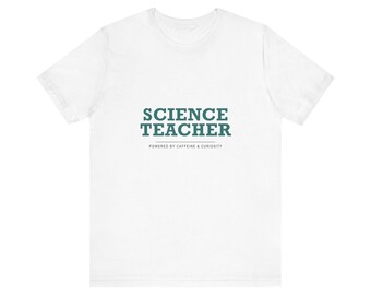 Maglietta da insegnante di scienze in stile retrò, con la scritta "Powered by Caffeine Curiosity Tee" (Alimentata dalla caffeina