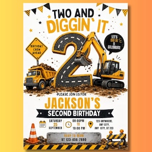 Editable Two Dig Birthday Invitation Template, 2nd Birthday Construction Invite, Editable Canva Birthday Invitation, Two Dig Party Invite