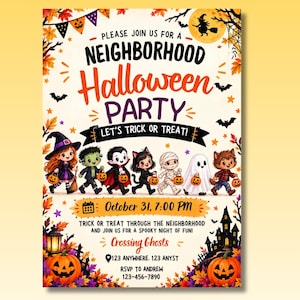 May include: A Halloween party invitation flyer featuring the text "Please join us for a neighbourhood Halloween party" and "Let's trick or treat!" with illustrations of seven children in costumes, pumpkins, autumn leaves, and a haunted house.
