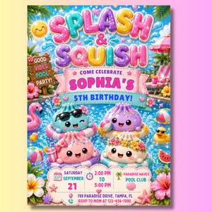Süße Knödel-Geburtstags-Einladung, Kawaii Knödel-Geburtstags-Einladung, bearbeitbare Canva, Pool-Geburtstagsfeier, Sofort-Download