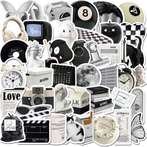 61 Pcs Black and White Aesthetic Sticker Pack, Waterproof Vinyl Decals for Laptop, Water Bottle, Journal, Scrapbooking, Vsco Style