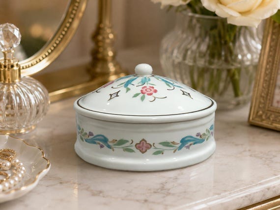 Vintage Prestige Place Venetian Collection Trinket Box | Made in Japan Floral Porcelain Keepsake Box | Lidded Jewelry Box