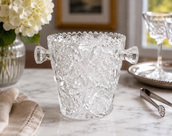 Vintage Hobstar Cut Crystal Ice Bucket | Saw Tooth Rim Champagne Bucket | Heavy Crystal Barware | Elegant Vintage Entertaining