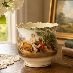 May include: A cream-colored ceramic planter with a scalloped rim and a gold-trimmed edge. The exterior features a hand-painted scene of two figures in period clothing resting in a landscape with trees and foliage, finished with a brown base.