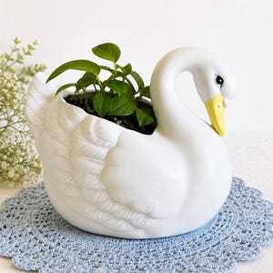 May include: A white ceramic swan-shaped planter featuring a smooth finish, molded wing details, and a yellow beak. The hollow body of the swan holds a small green leafy plant with dark soil visible inside the opening of the decorative vessel.