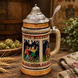 May include: A ceramic beer stein with a metal lid and handle, featuring a blue central panel with colorful figures in traditional clothing and the text DAPPER. BLASSEN. EN. ALS. WEREN. SJE. RAS. The stein has a tan base and rim with textured details.