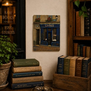 May include: A rectangular wall plaque featuring a detailed relief illustration of a Parisian storefront with a blue facade and the word LIVRES printed above the entrance. The scene includes a street lamp, window boxes with red flowers, and a cobblestone street.