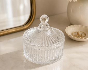 Vintage Mikasa Diamond Fire Covered Candy Dish | Crystal Lidded Canister | Pressed Crystal Trinket Box | Ribbed Glass Covered Dish