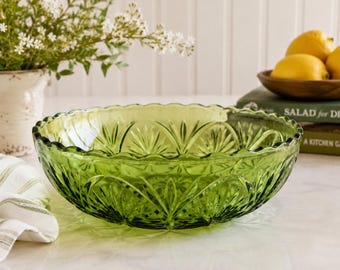 Vintage Anchor Hocking Avocado Green Pressed Glass Serving Bowl | Medallion Pattern | 8” Round Salad Fruit Chip Bowl | 1960s