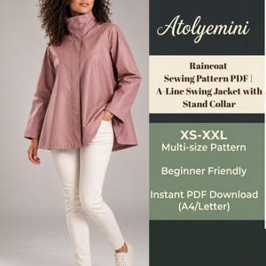 Puede incluir: Un impermeable de corte evasé en color rosa empolvado con cuello alzado y mangas largas. El texto dice: Atolyemini, Raincoat Sewing Pattern PDF, A-Line Swing Jacket with Stand Collar, XS-XXL Multi-size Pattern, Beginner Friendly, Instant PDF Download (A4/Letter).