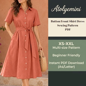 May include: A rust-colored button-front shirt dress with short sleeves, a collar, and a tie-waist belt. The text reads: Atolyemini, Button Front Shirt Dress Sewing Pattern PDF, XS-XXL Multi-size Pattern, Beginner Friendly, Instant PDF Download (A4/Letter).