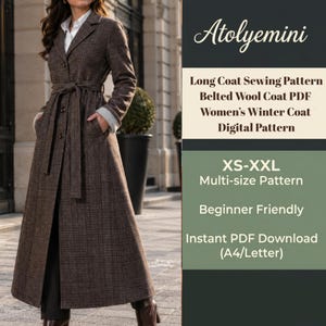 Może przedstawiać: Długi brązowy płaszcz w kratę z wiązanym paskiem, klapami i guzikami. Tekst brzmi: Atolyemini, Long Coat Sewing Pattern, Belted Wool Coat PDF, Women's Winter Coat Digital Pattern, XS-XXL, Multi-size Pattern, Beginner Friendly, Instant PDF Download.
