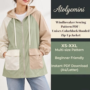 Schnittmuster für eine Windjacke (PDF) | Unisex-Kapuzenjacke mit Reißverschluss und Farbblock-Design