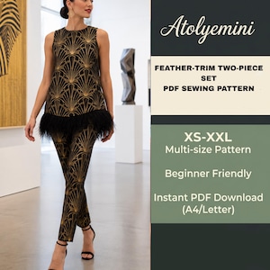 Women's PDF Sewing Pattern, Feather-Trim Tunic And Cigarette Pants Set