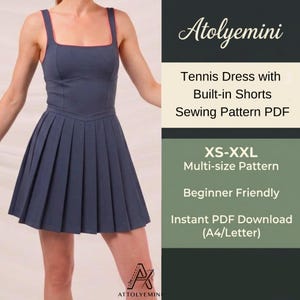 Może przedstawiać: Ciemnoniebieska sukienka tenisowa z wbudowanymi szortami i kwadratowym dekoltem z cienką koralową lamówką. Widoczny jest tekst Atolyemini Tennis Dress with Built-in Shorts Sewing Pattern PDF XS-XXL Multi-size Pattern Beginner Friendly Instant PDF Download A4/Letter.