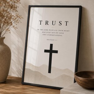 Affiche chrétienne murale, verset biblique Proverbes 3:5, « Aie confiance en l’Éternel », décoration murale minimaliste en forme de croix, illustration sur la foi