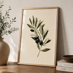 Muurdecoratie met olijftakken, mediterrane botanische poster, schilderij van groene olijven, rustieke keukendecoratie, Toscaanse boerderijdecoratie
